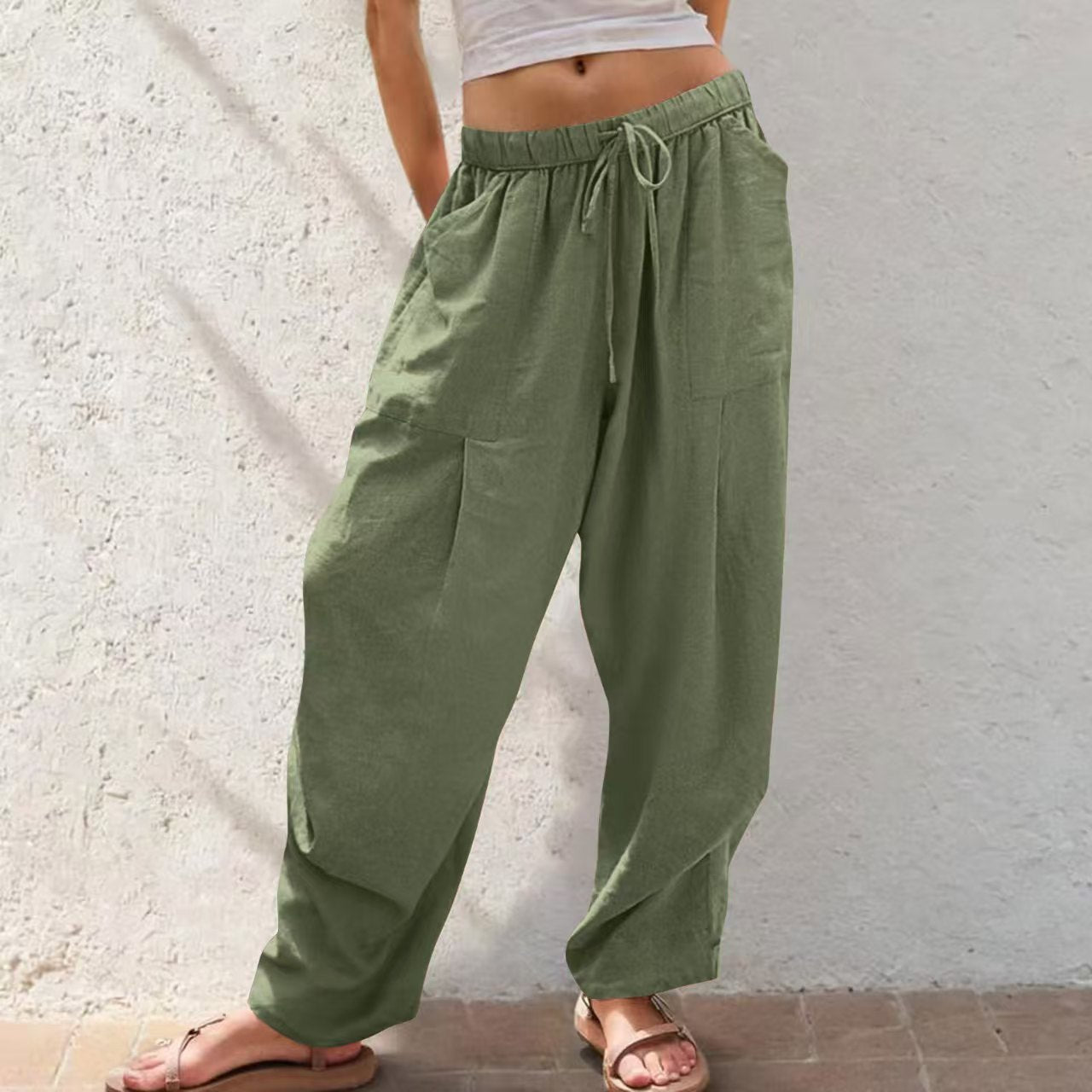 Women's Solid-Color Cotton-Linen Casual Loose Straight Pockets Lounge Pants With Drawstring See size chart under “more details”