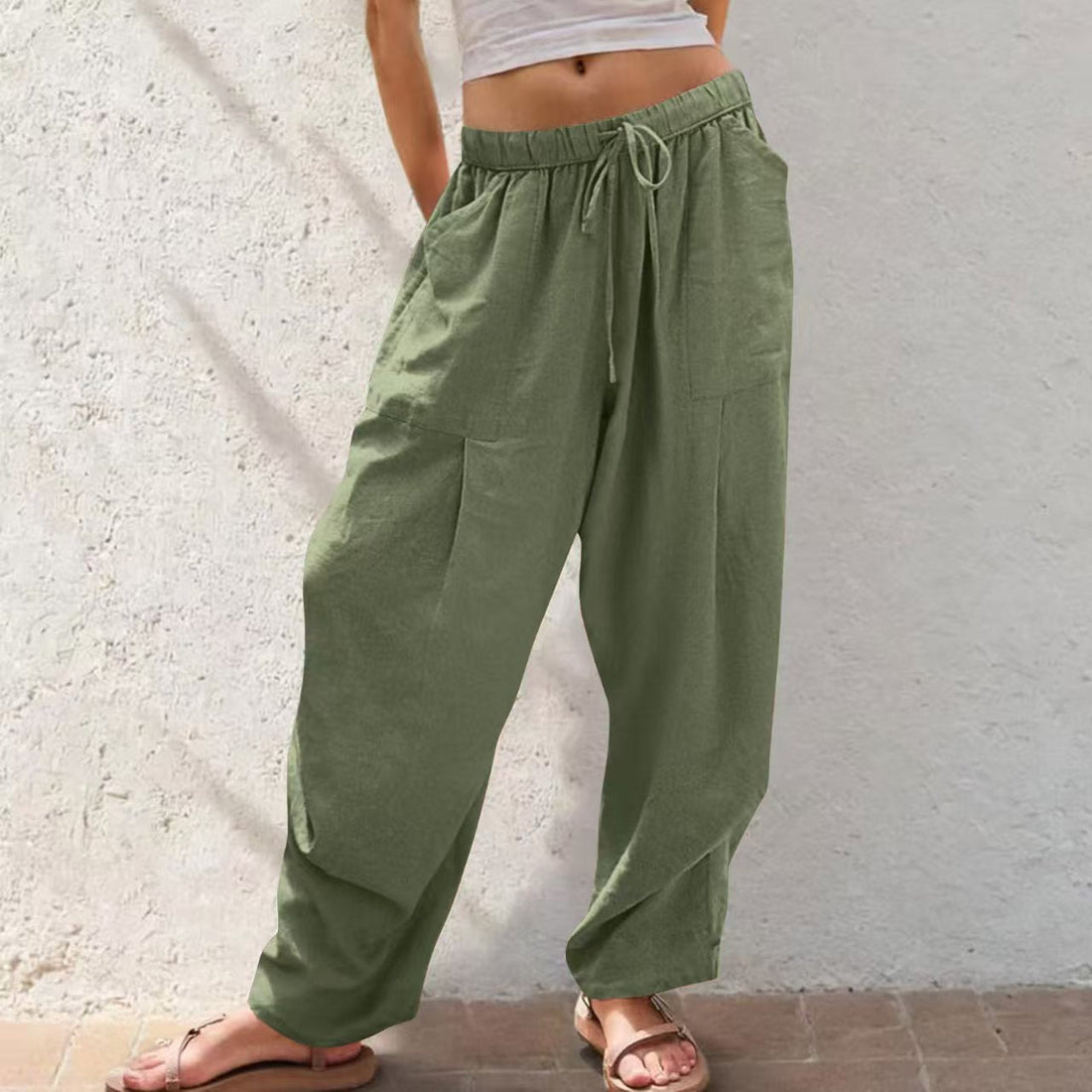 Women's Solid-Color Cotton-Linen Casual Loose Straight Pockets Lounge Pants With Drawstring See size chart under “more details”