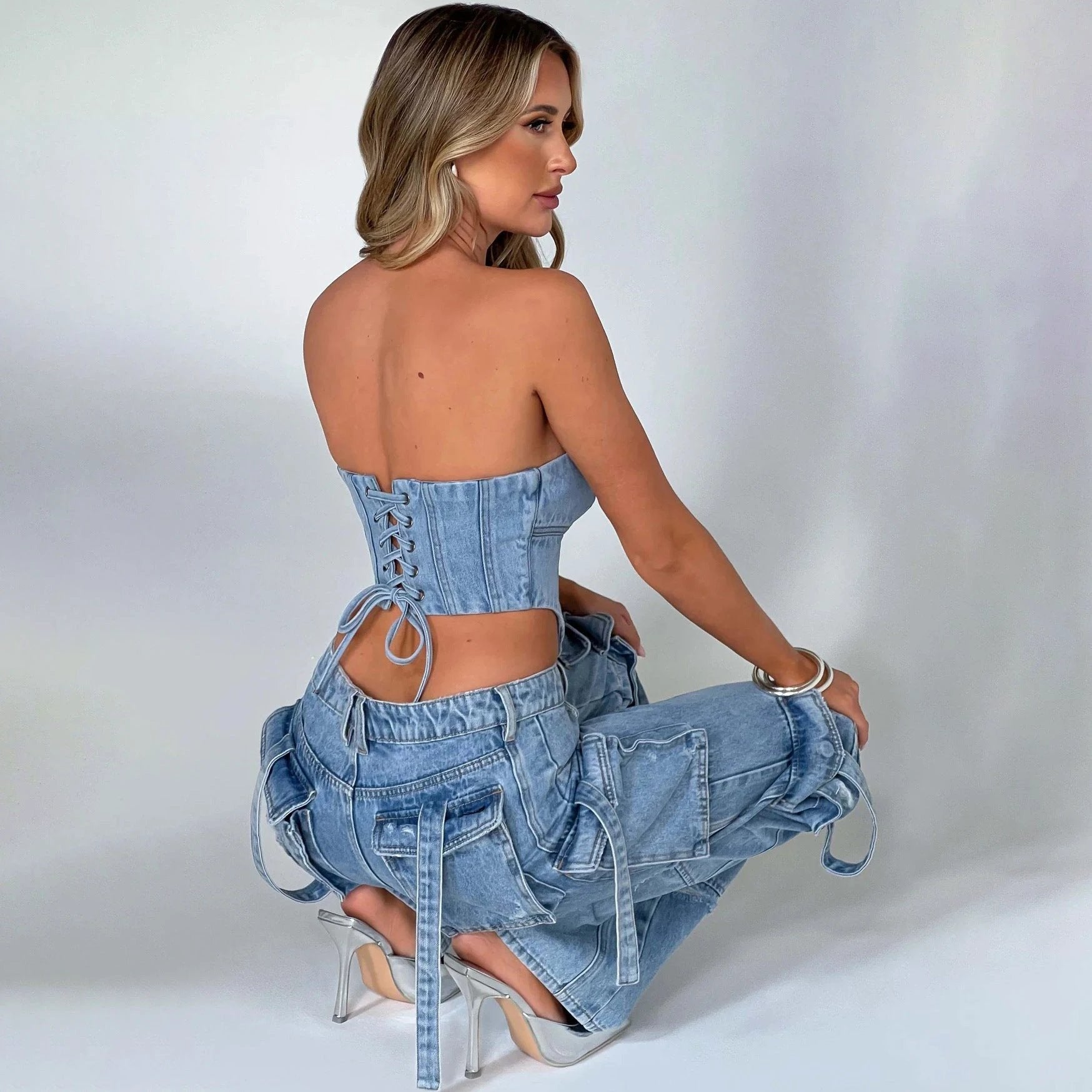 Tube Top And Pocket Stitching Jeans Pants