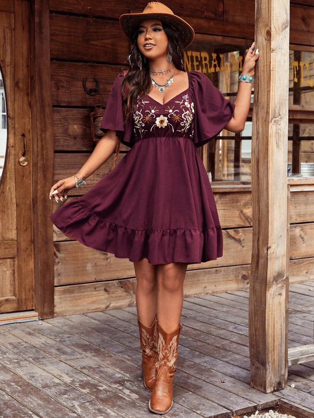 Women's Embroidered Flutter Sleeve Mini Dress