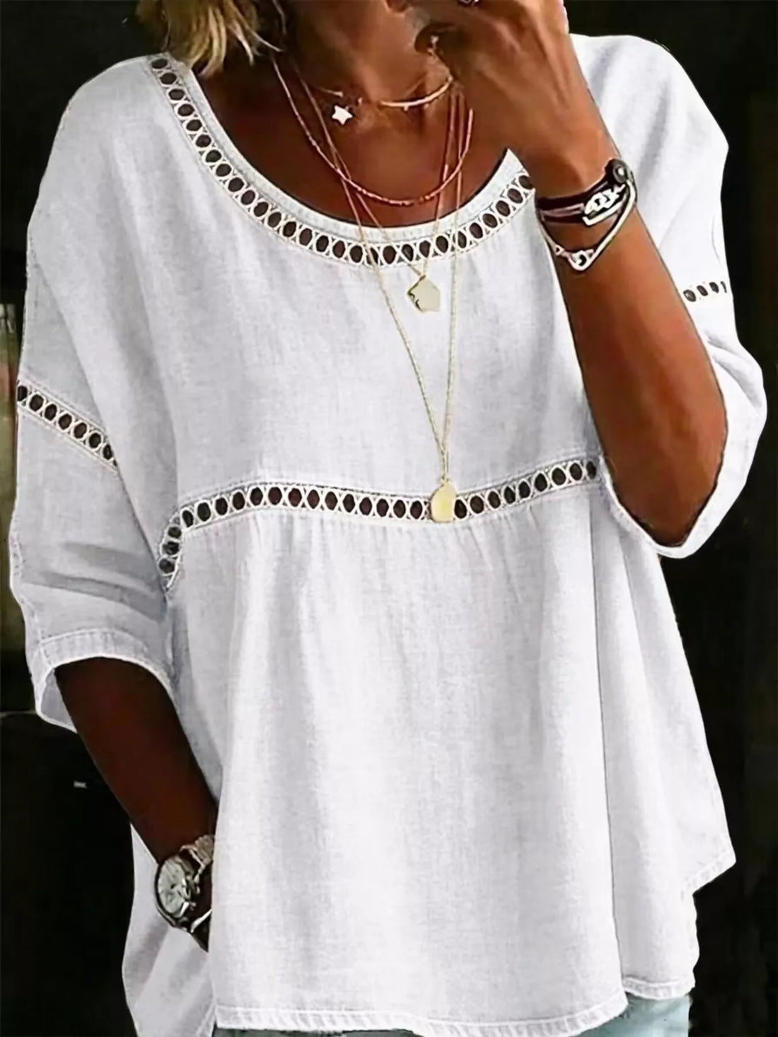 Full Size Hollow Out Round Neck Top Plus Size