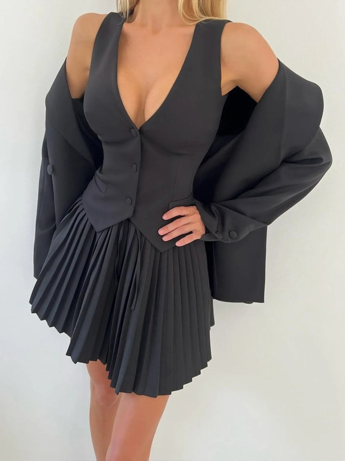 Button Up Vest and Pleated Mini Skirt Set See size chart under “more details”