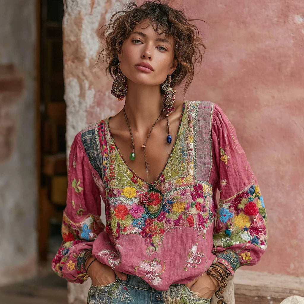 Women's Casual Vintage Bohemian V-neck Top With Ethnic-style Long Sleeves