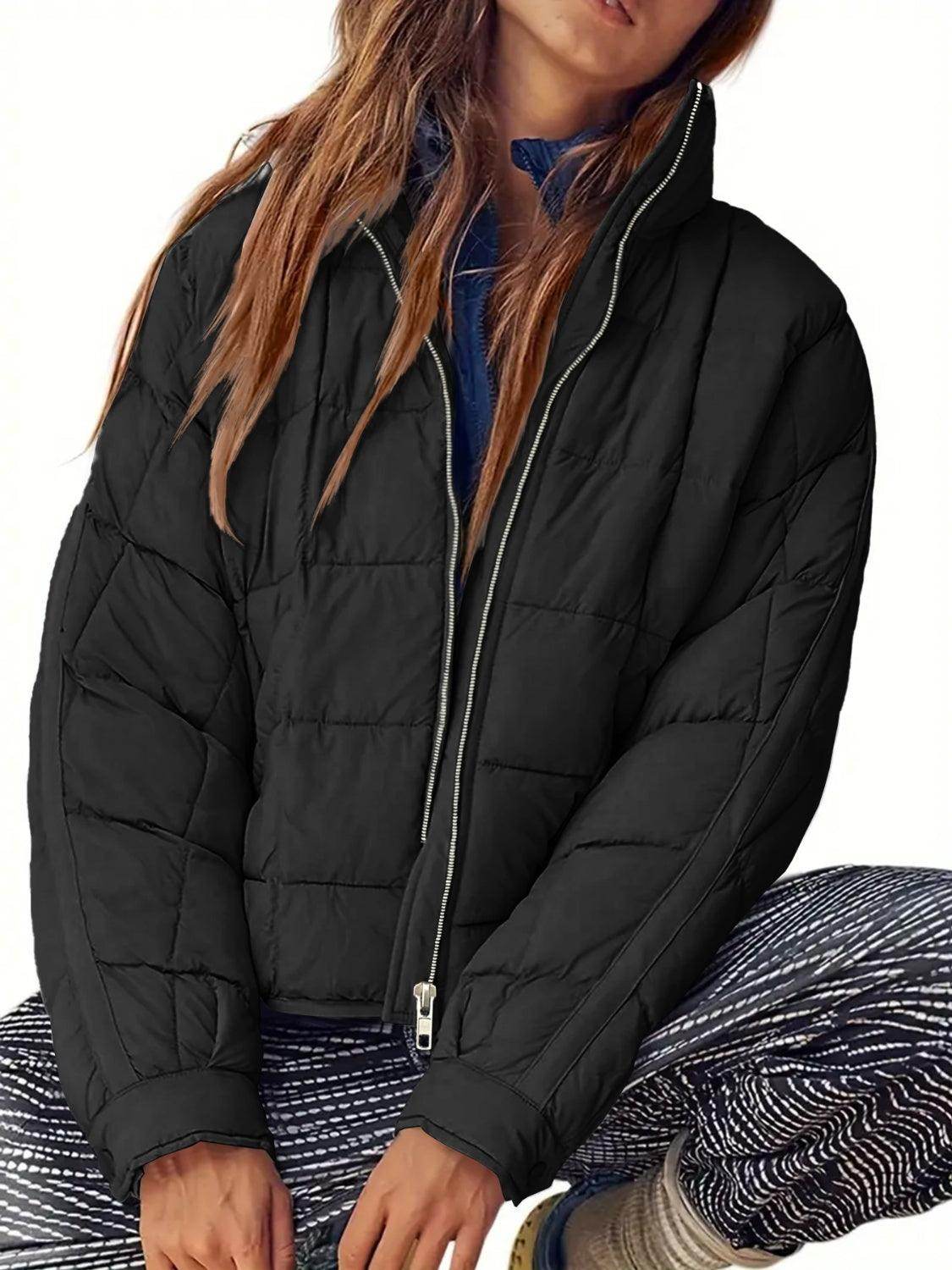 Pocketed Plaid Quilted Zip Up Winter Coat for Women