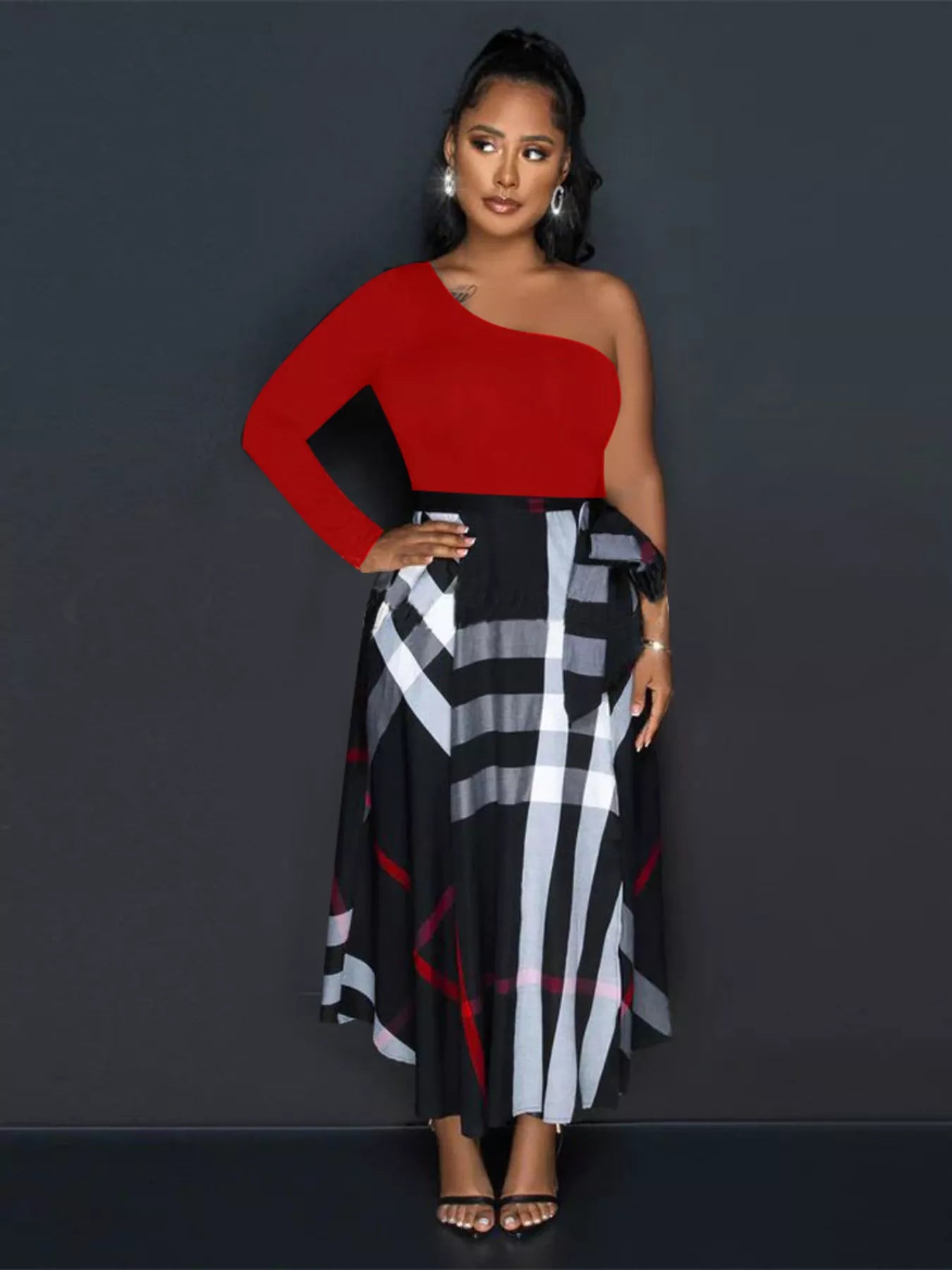 Women's Asymmetrical One-Sleeve Plaid Midi Dress with Waist Tie