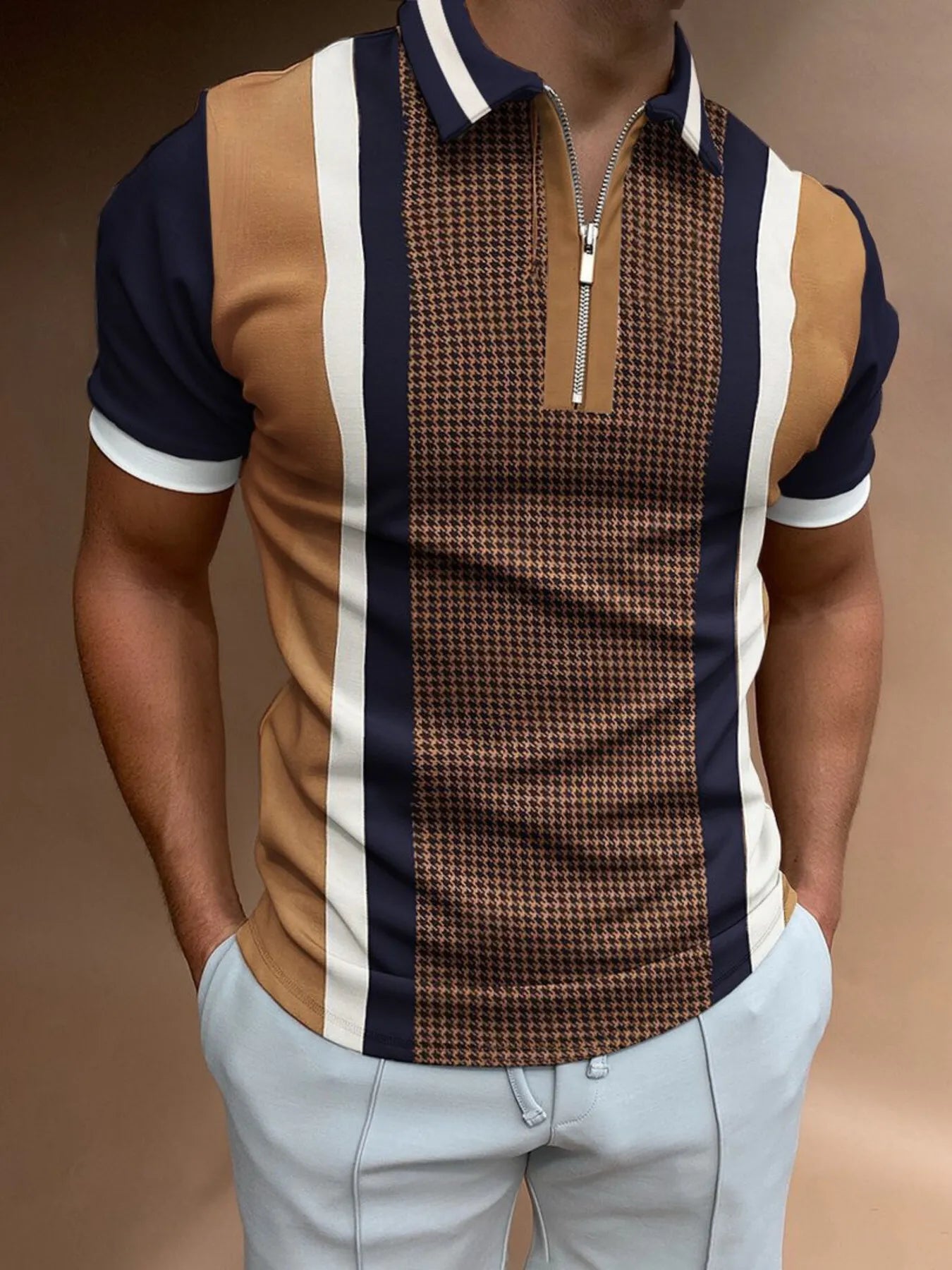 Men's Full Size Color Block Zipper Polo Plus Size