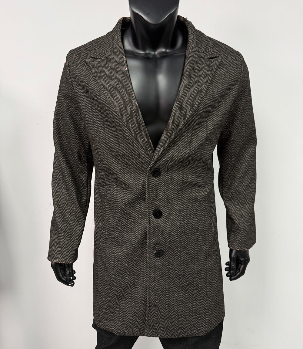 Mens Single-breasted Mid-length Wool Coat