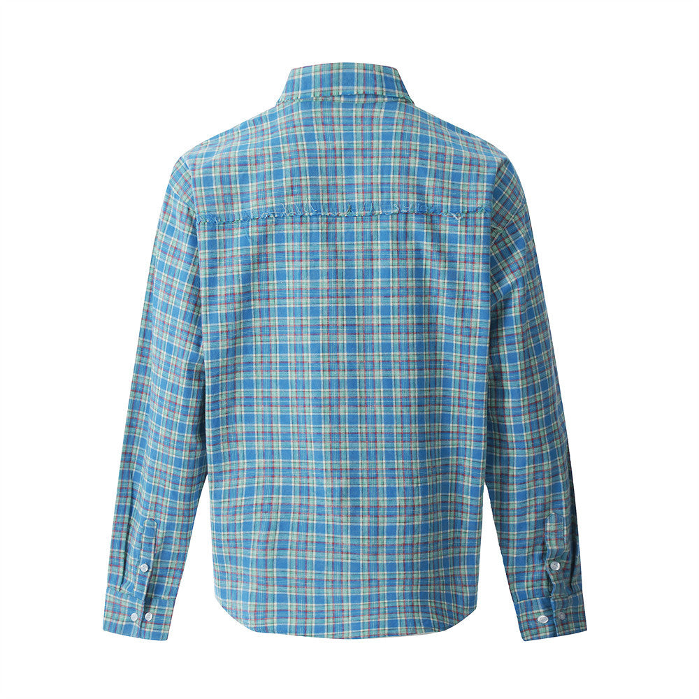 Men’s Plaid Long Sleeve Loose Casual Frayed Spliced Shirt