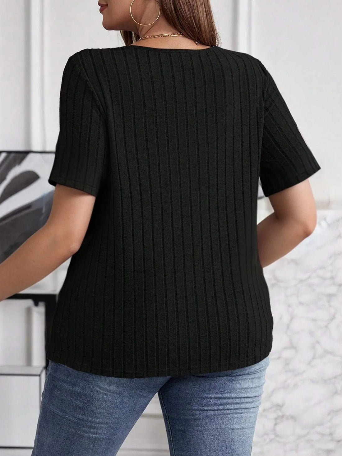 Plus Size V-Neck Short Sleeve Ribbed T-Shirt