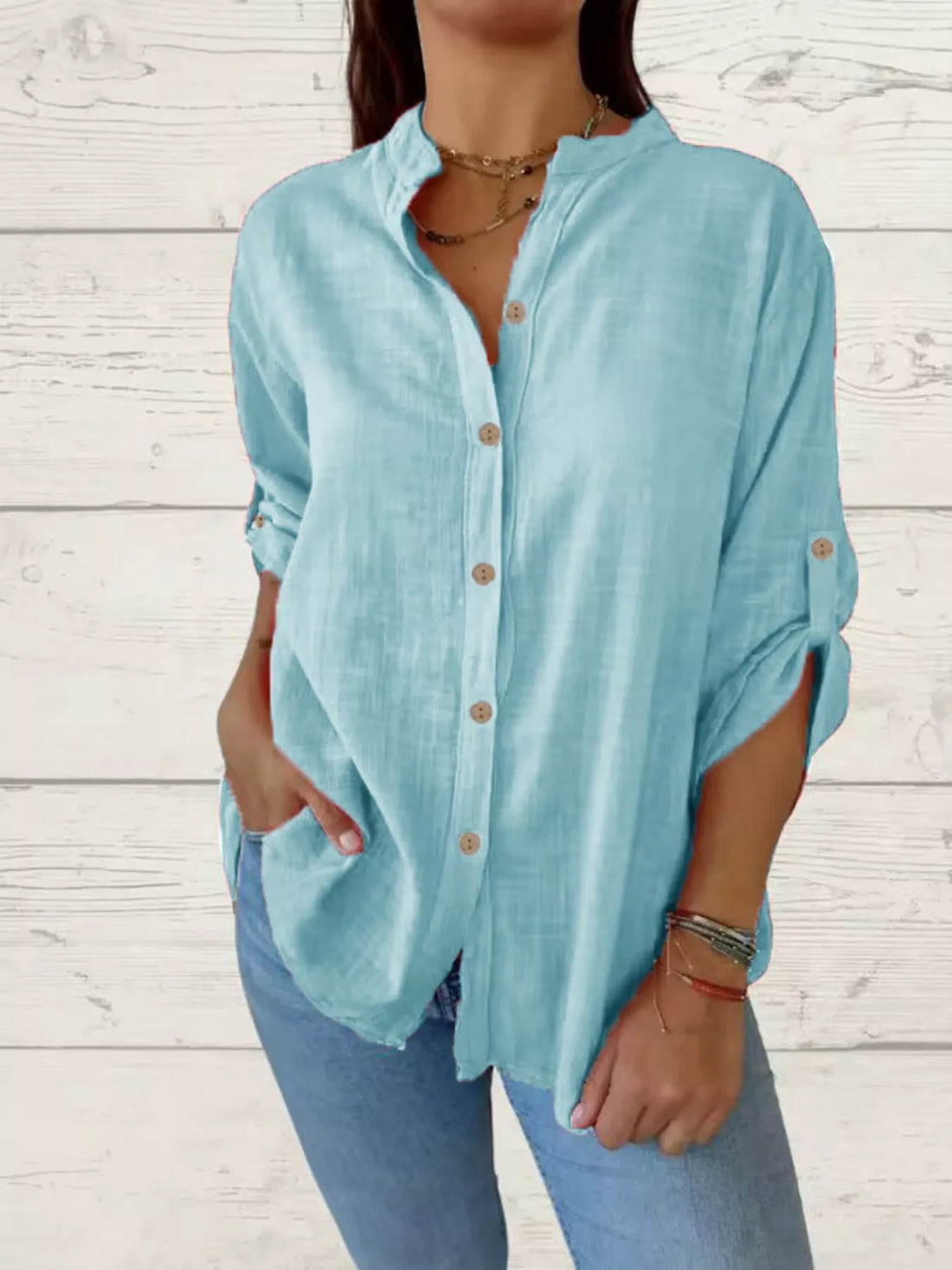 Women's Full Size Casual Button-Down Roll-Up Sleeve Shirt Plus Size