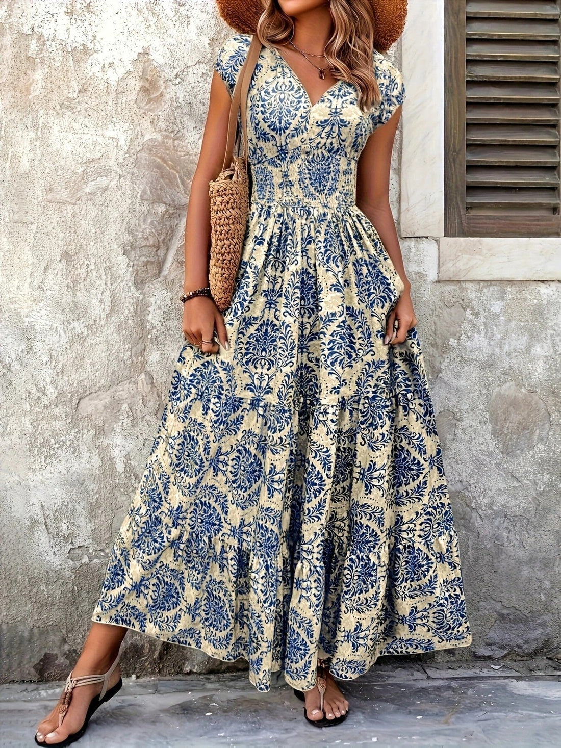 Printed Cap Sleeve Maxi Dress