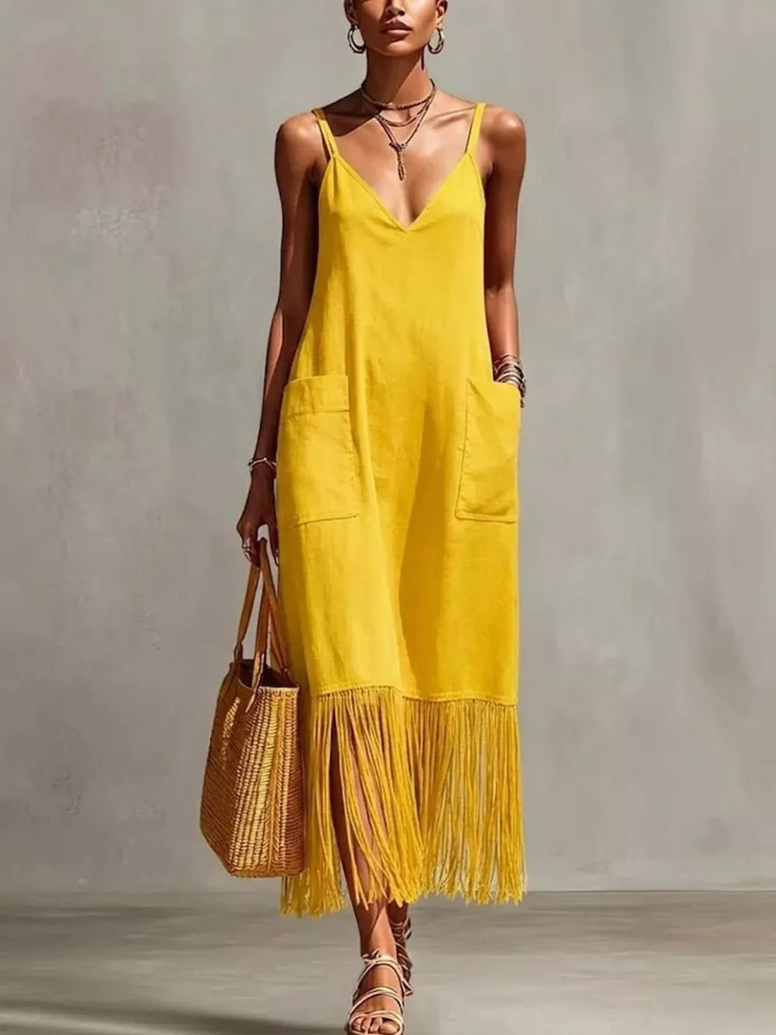 Women's Full Size Fringe V-Neck Spaghetti Strap Dress Plus Size
