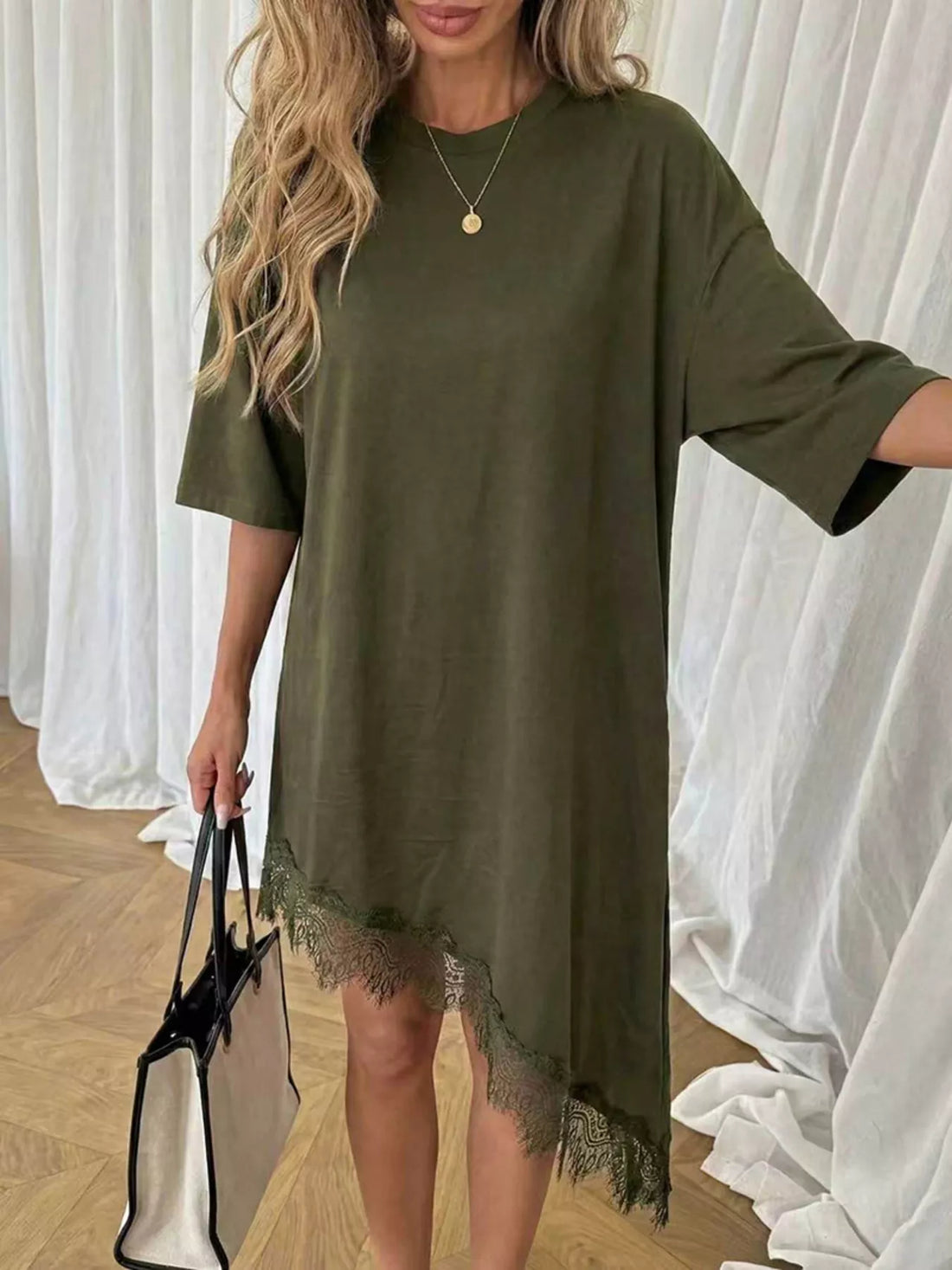 Women's Lace Trim Asymmetrical Hem T-shirt Dress