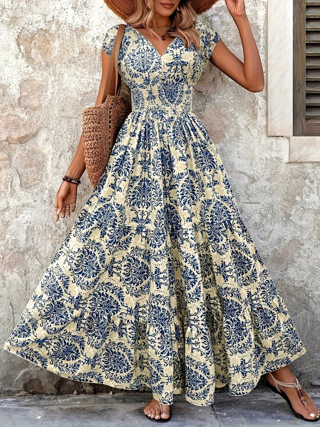 Printed Cap Sleeve Maxi Dress