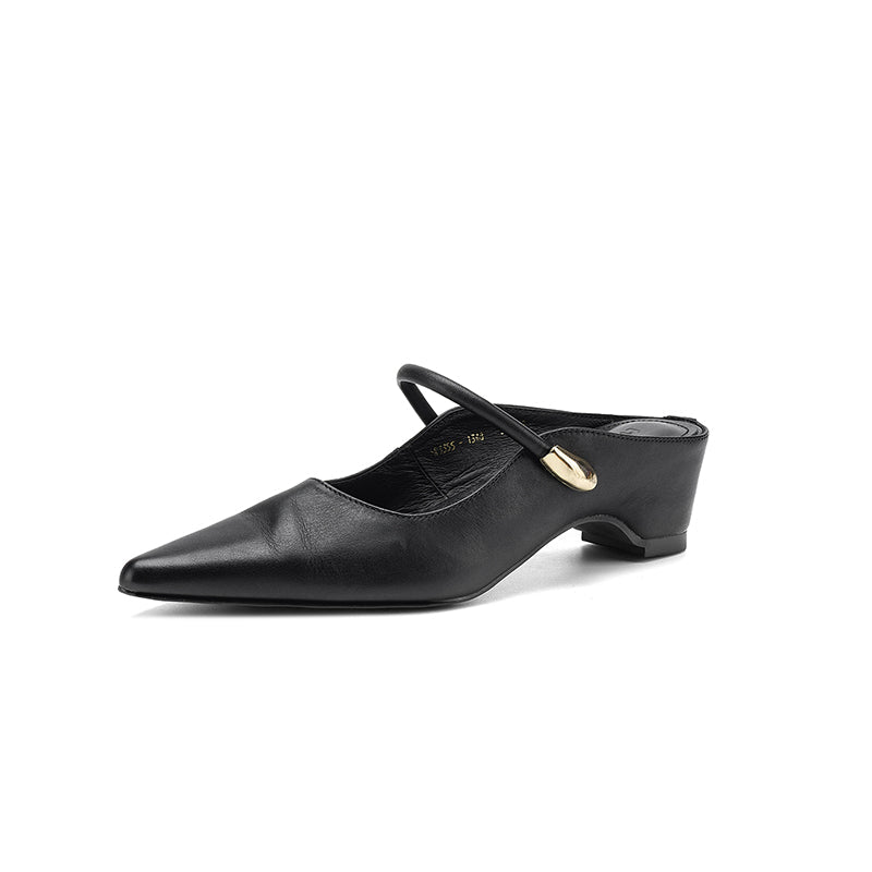 Women's Mary Jane Mule Sandals | Full Grain Cowhide Pointed Toe Block Heel Slides