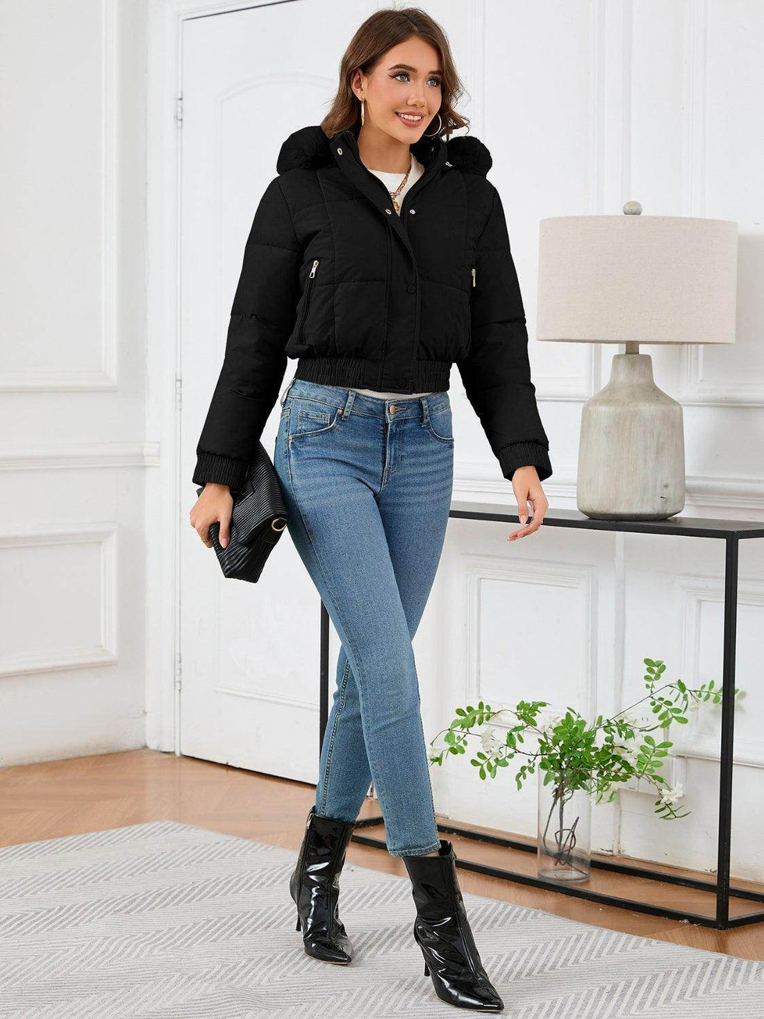 Pocketed Long Sleeve Cropped Hooded Winter Coat for Women