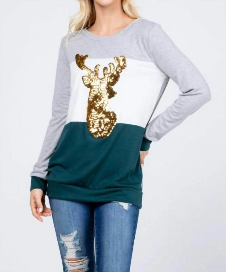 Plus Christmas Reindeer Sequin Long Sleeve Top