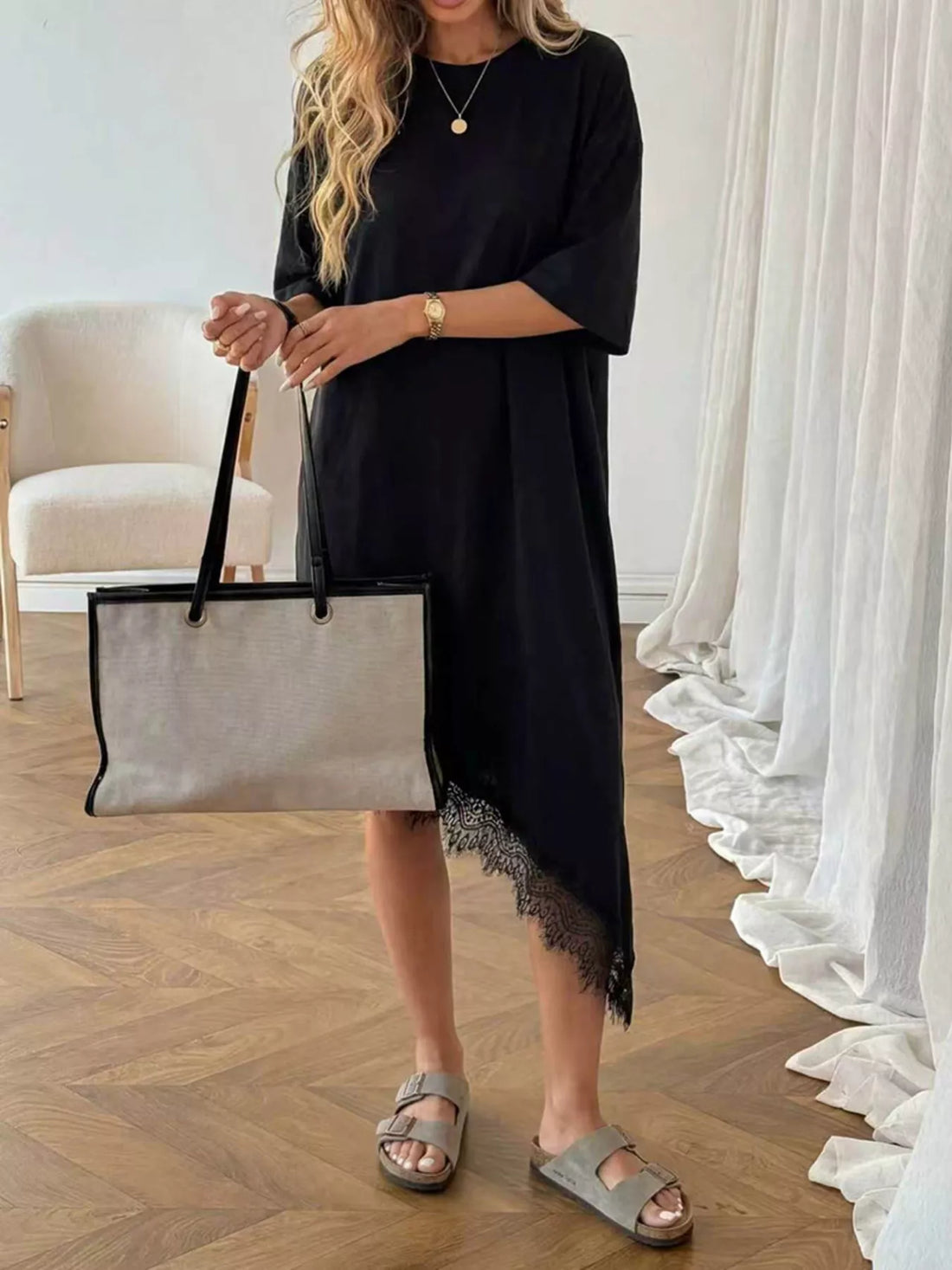 Women's Lace Trim Asymmetrical Hem T-shirt Dress