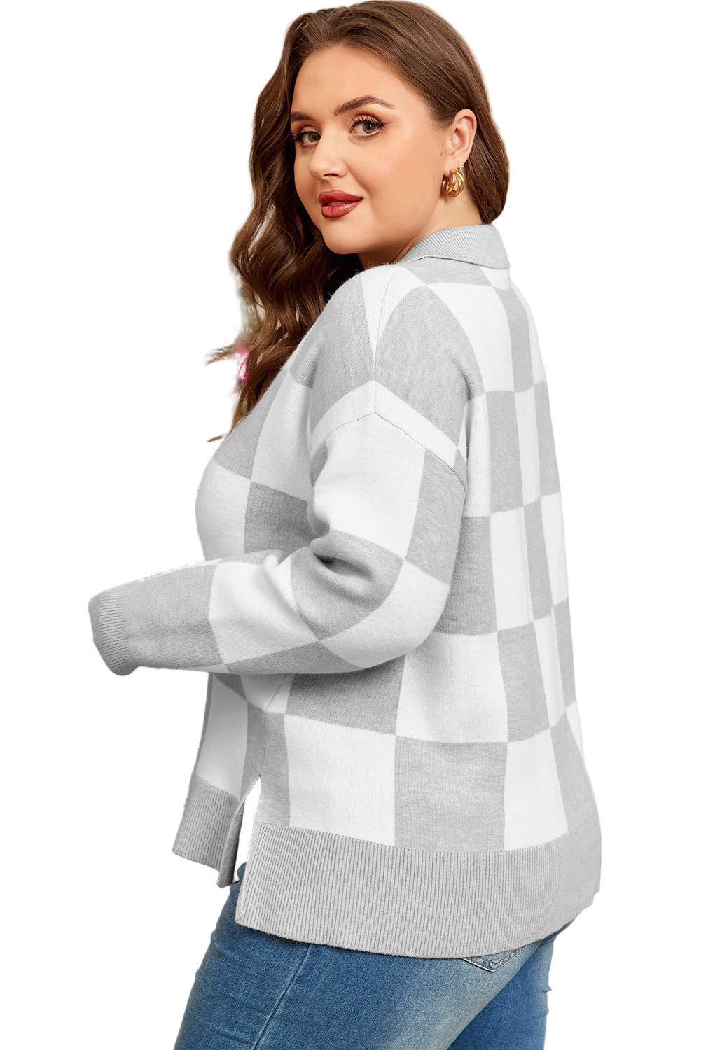 Women's Gray Plus Size Checkered Pattern Button Polo Collar Split Sweater