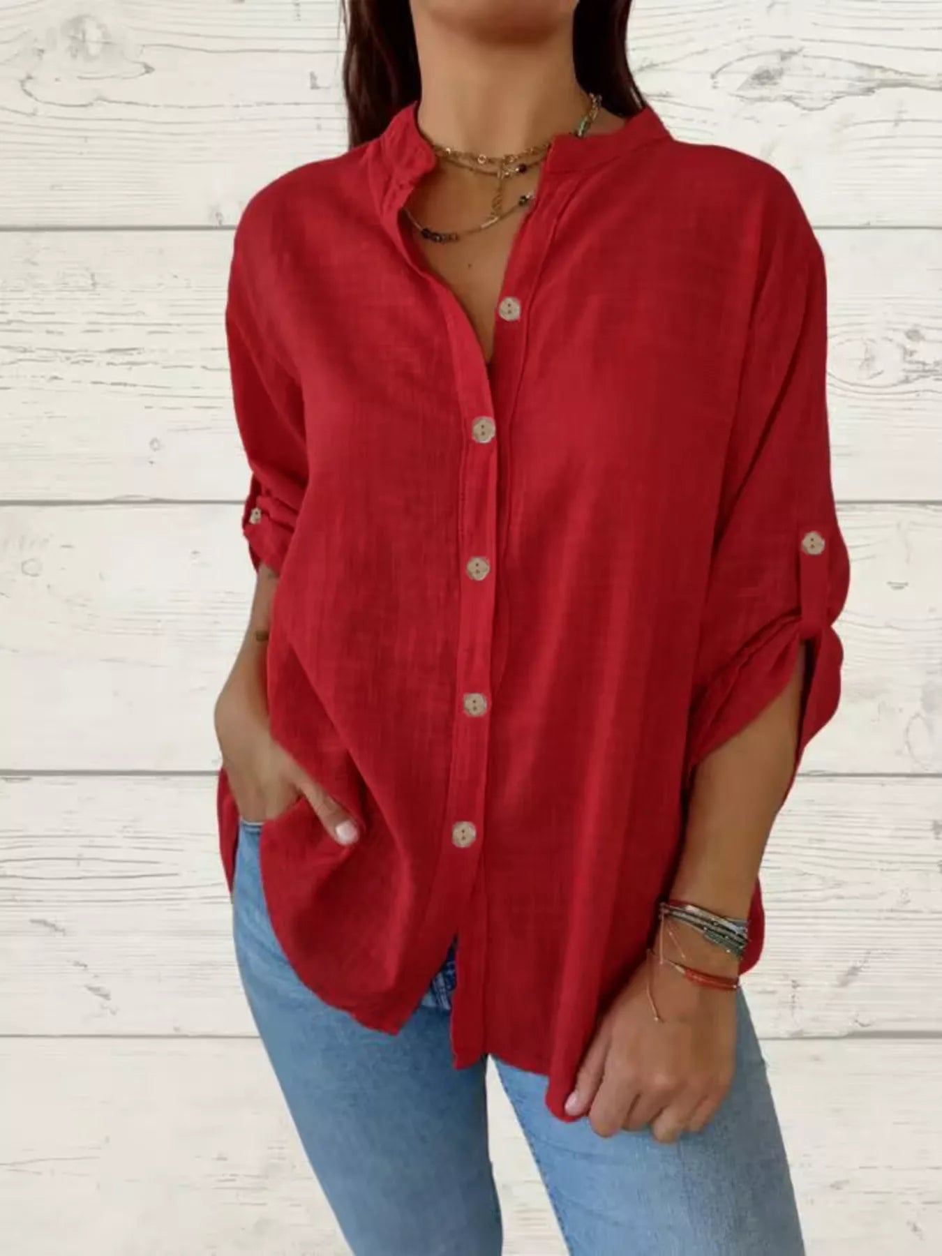 Women's Full Size Casual Button-Down Roll-Up Sleeve Shirt Plus Size