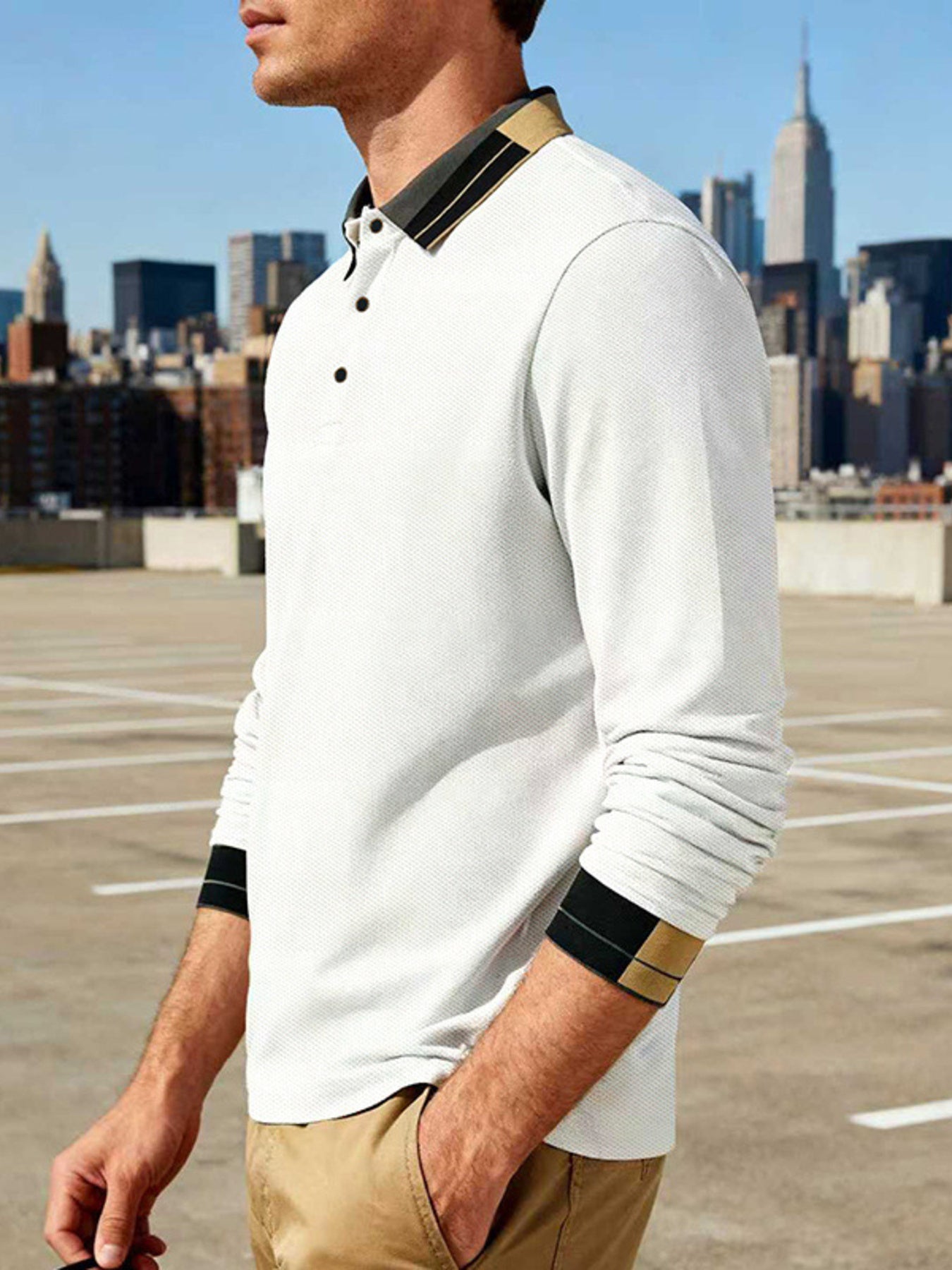 Men's Full Size Button Detail Long Sleeve Polo Plus Size