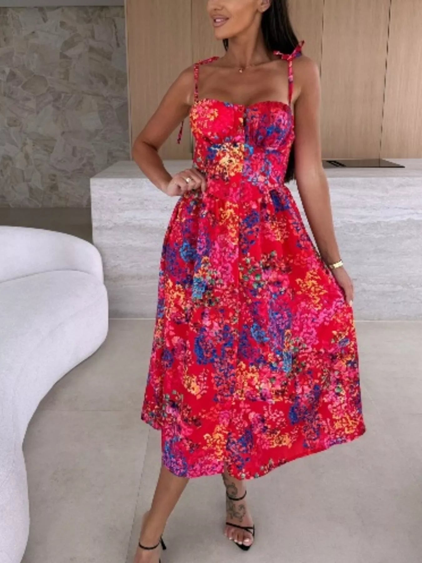 Women's Printed Tie-Strap Midi Dress