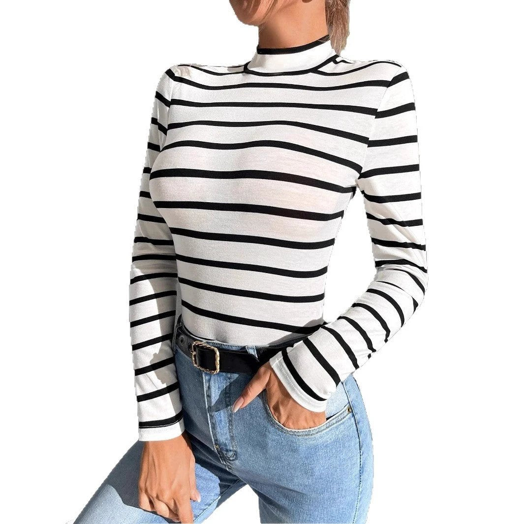 Mock-neck Stripes Bottoming Shirt Women's Long Sleeve Inner Wear