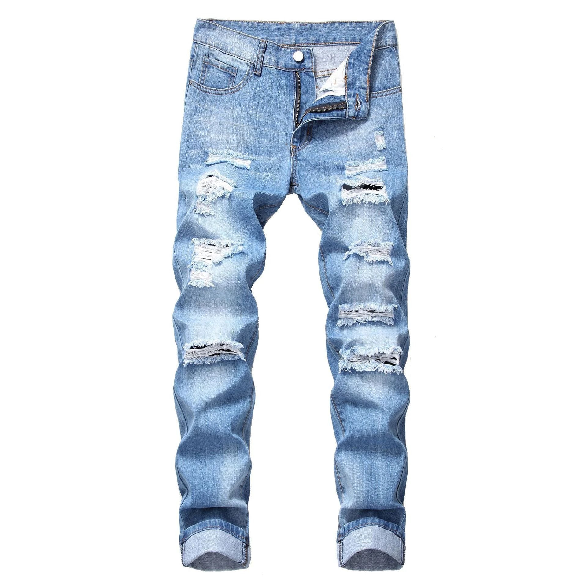 Men's Ripped Straight Slim Fit Non-stretch Jeans