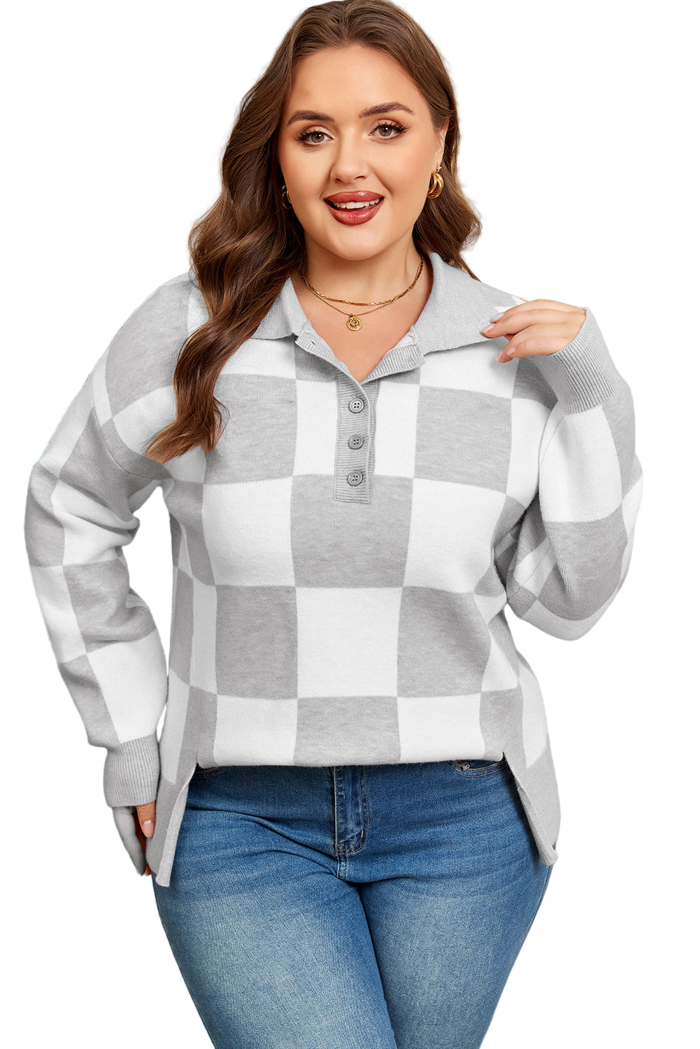 Women's Gray Plus Size Checkered Pattern Button Polo Collar Split Sweater