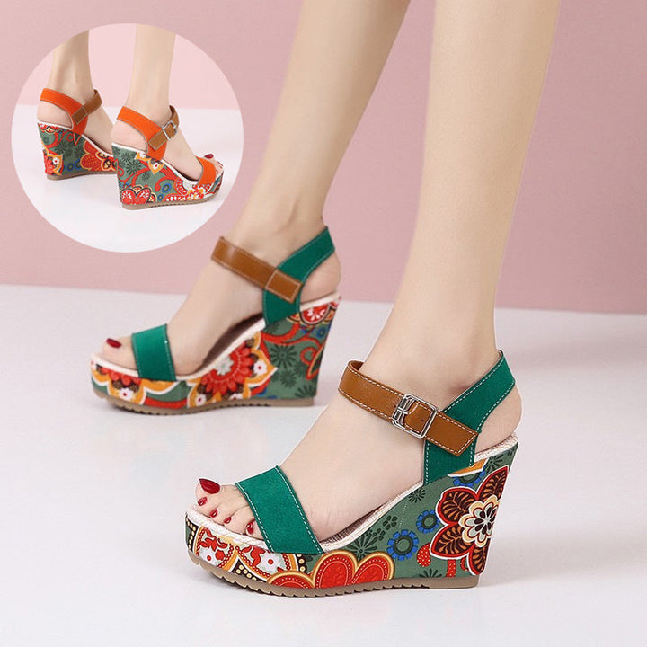 Women's Floral Embroidered Wedge Sandals | Buckle Platform Open-Toe Summer Heels