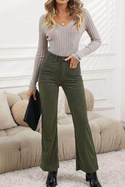 High Waist Square Pockets Corduroy Pants for Women