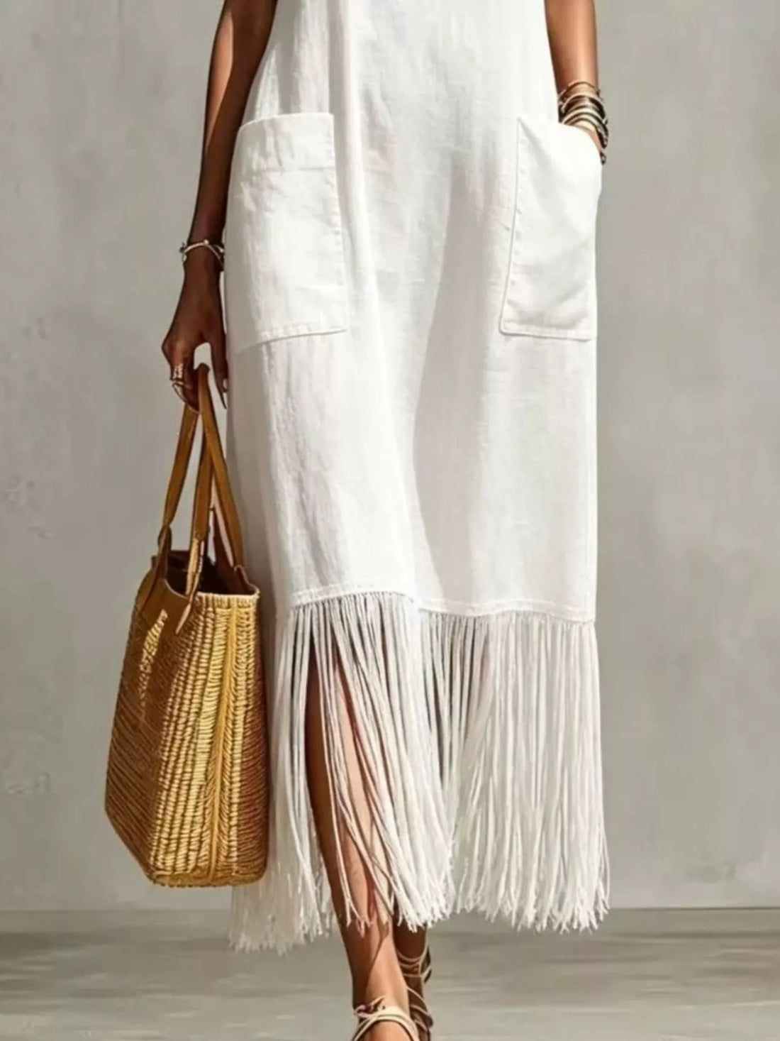 Women's Full Size Fringe V-Neck Spaghetti Strap Dress Plus Size
