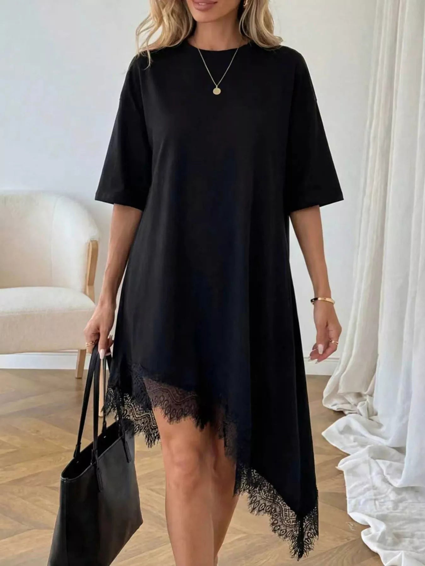 Women's Lace Trim Asymmetrical Hem T-shirt Dress