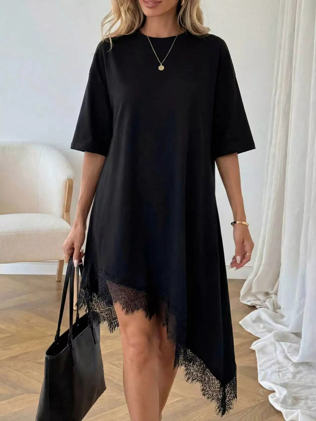 Women's Lace Trim Asymmetrical Hem T-shirt Dress