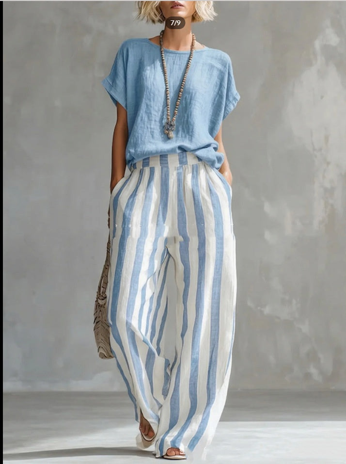Women's Short-sleeved Trousers Suit Summer Fashion Round Neck Pullover T-Shirt And Striped Print Straight Leg Pants Two-Piece Clothing For Women