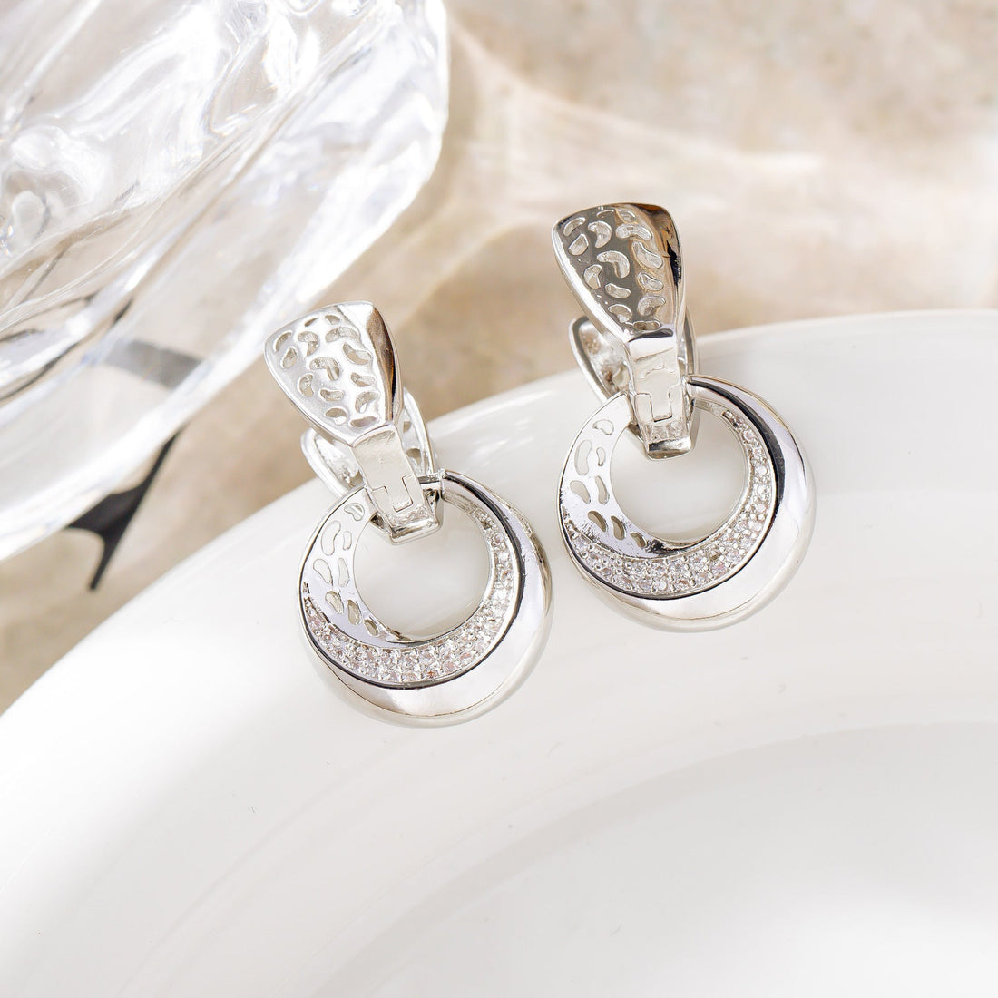 Luxury Hollow Round Moon Rose Gold Silver Color Drop Earrings For Women Micro-wax Inlay Natural Zircon Flower Bridal Wedding Daily Jewelry For Women