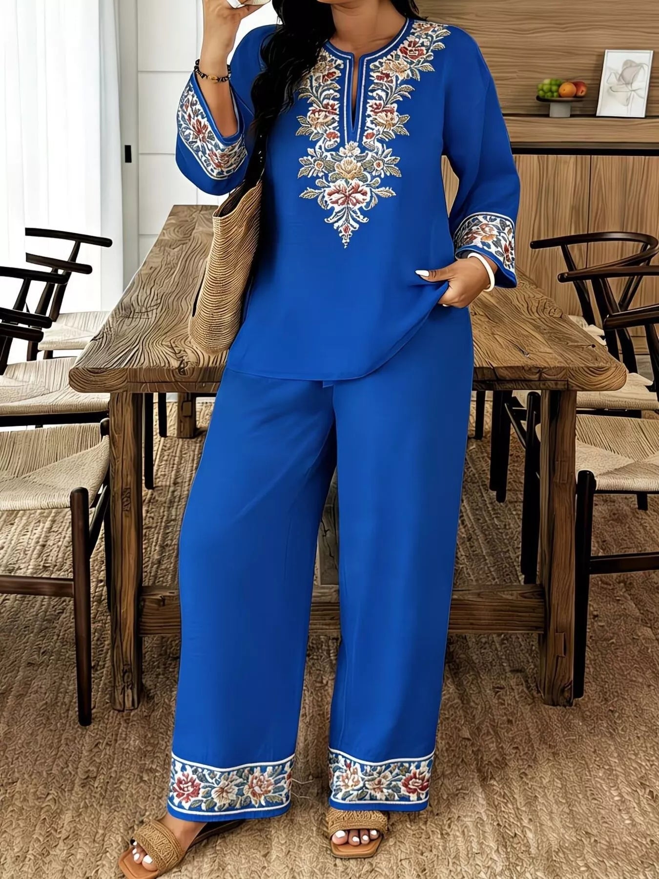 Full Size Embroidered Long Sleeve Top and Pants Set Plus Size