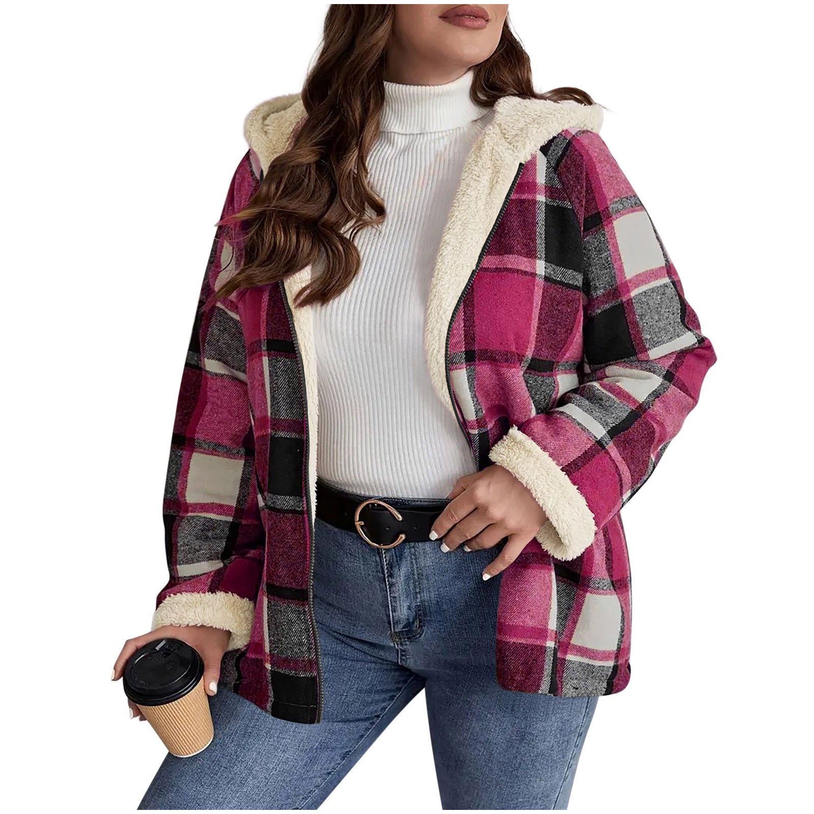 Plaid Printed Coat Fleece-lined Thickened Composite Hooded