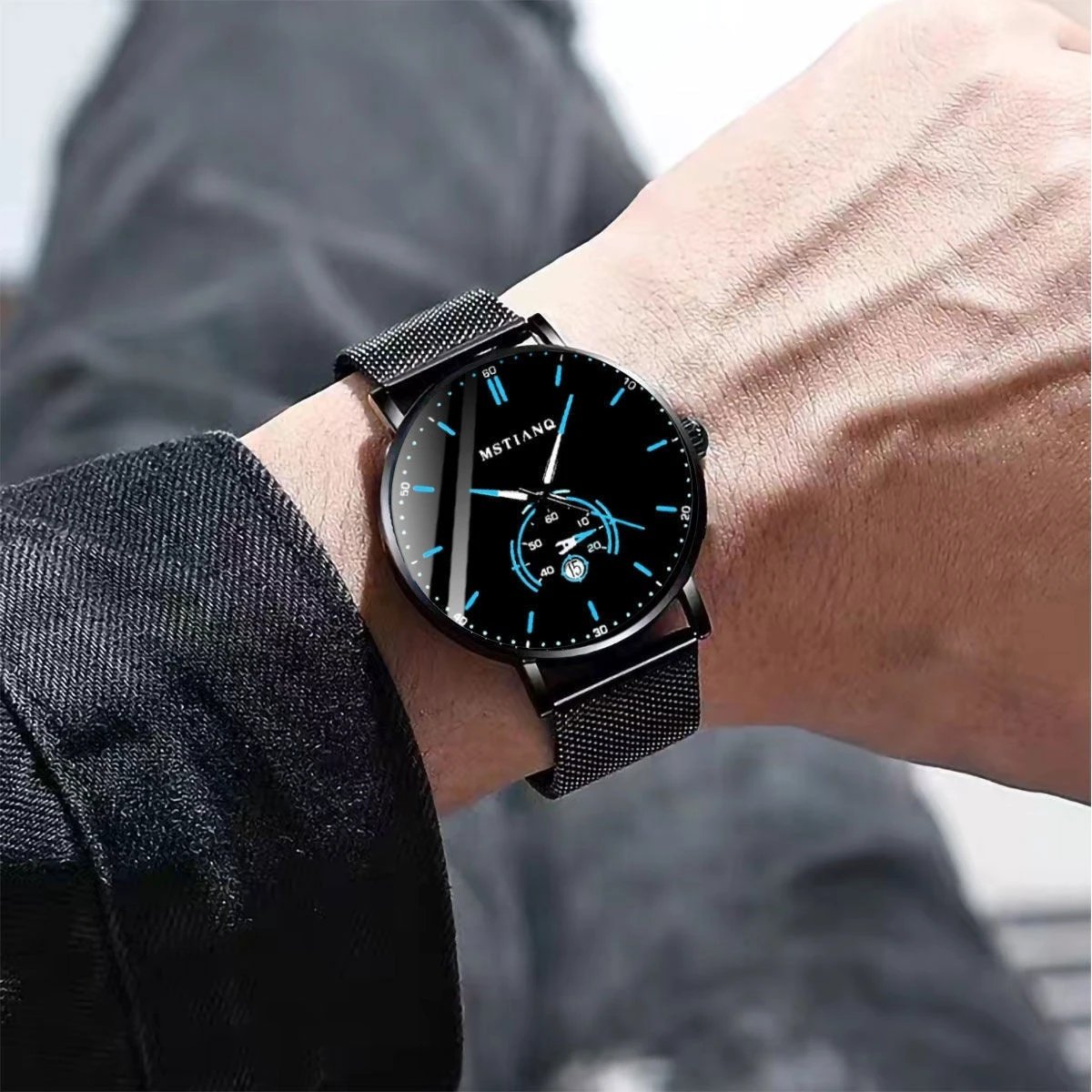 Stylish Black Technology Belt Refined Steel Casual Calendar Watch