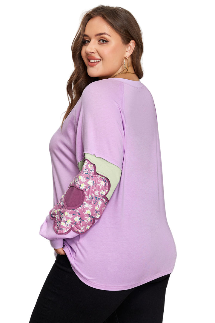 Phalaenopsis Flower Patch Colorblock Plus Size Pullover Top