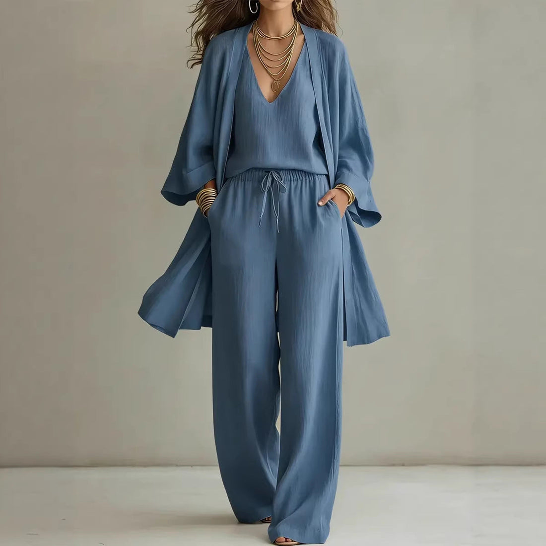 Women's V-Neck Cardigan Coat, Pocket Vest & Long Pants Three-Piece Set