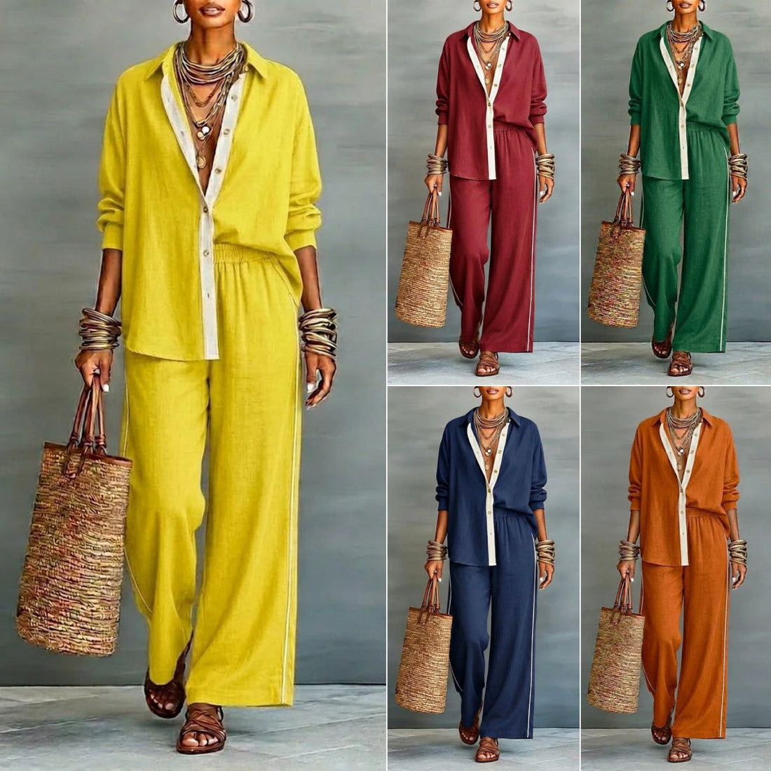 Contrast-Color Long-Sleeve Shirt & Pants Set – Two-Piece