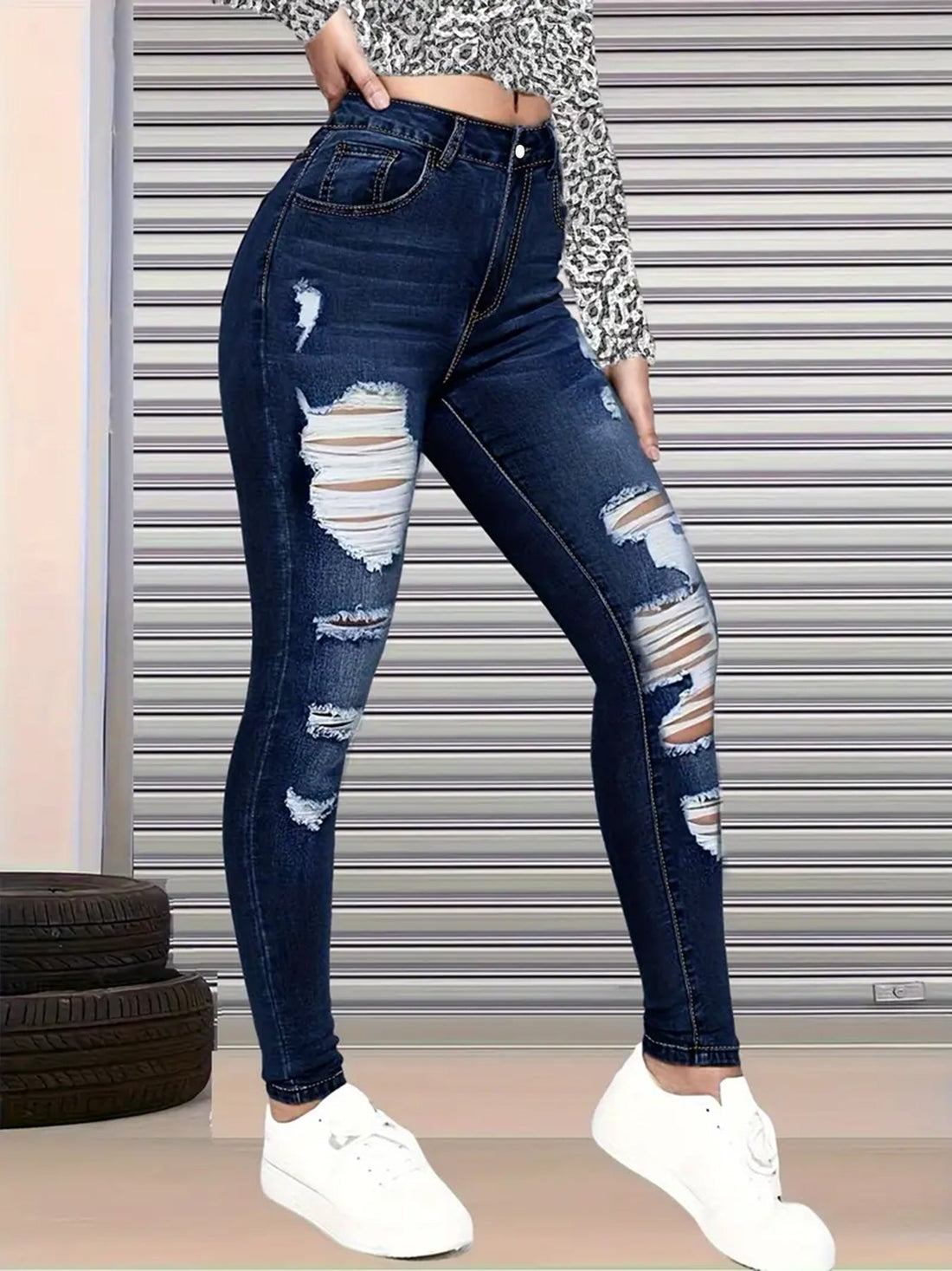 New High Waisted, Hip Lifted, Tight Fitting Women's Jeans With A Ripped Nine Quarter Cut, Suitable For Minimalist Fashion In Summer See size chart under “more details”