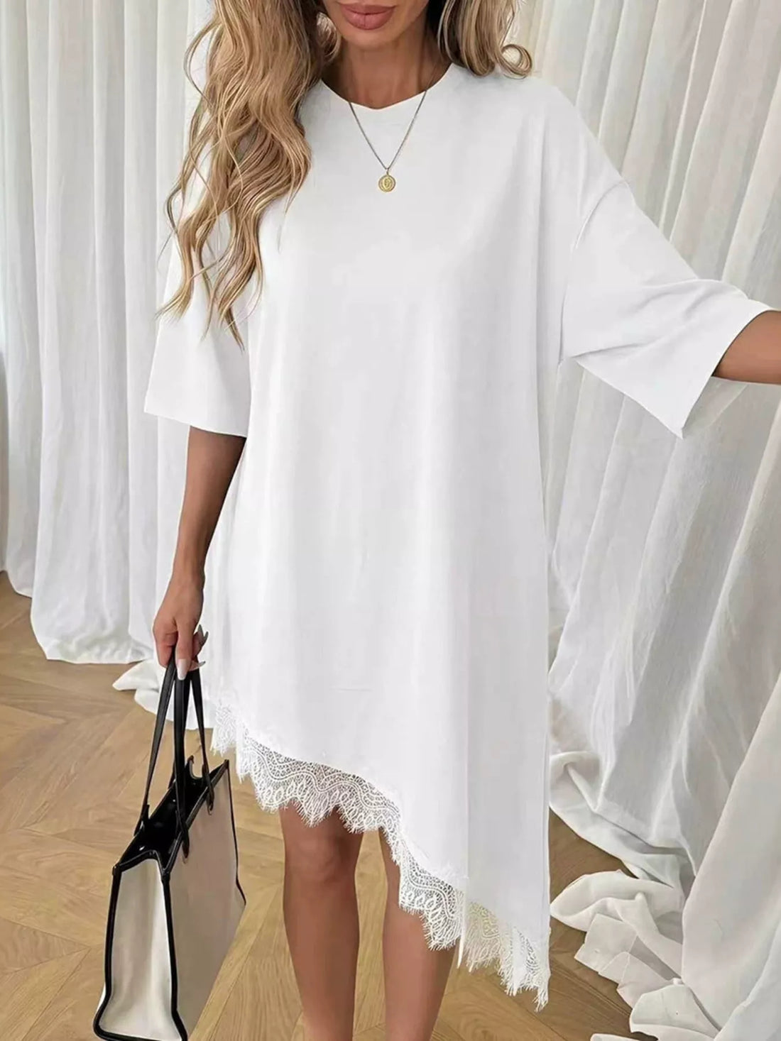 Women's Lace Trim Asymmetrical Hem T-shirt Dress