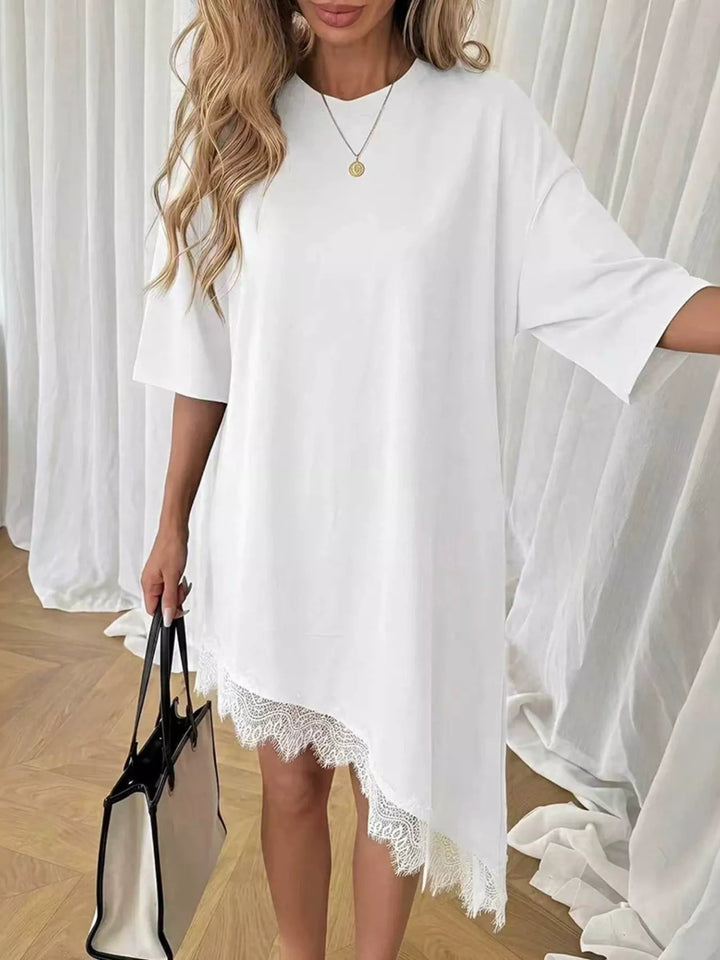Women's Lace Trim Asymmetrical Hem T-shirt Dress