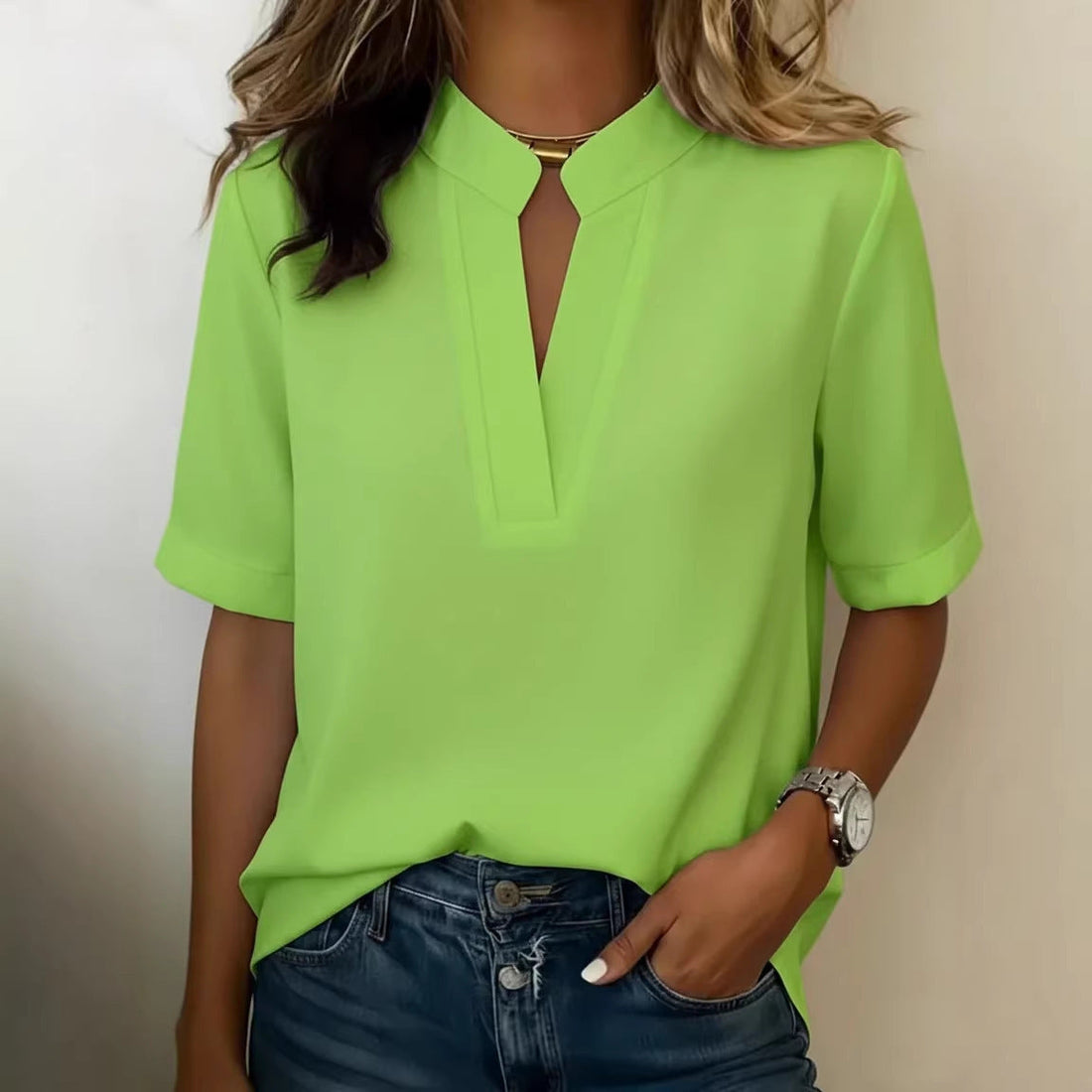 Amazon European And American Cross-Border New Women's Tops 2026 Summer Casual Solid Color V-Neck Loose Shirt T-Shirt For Women