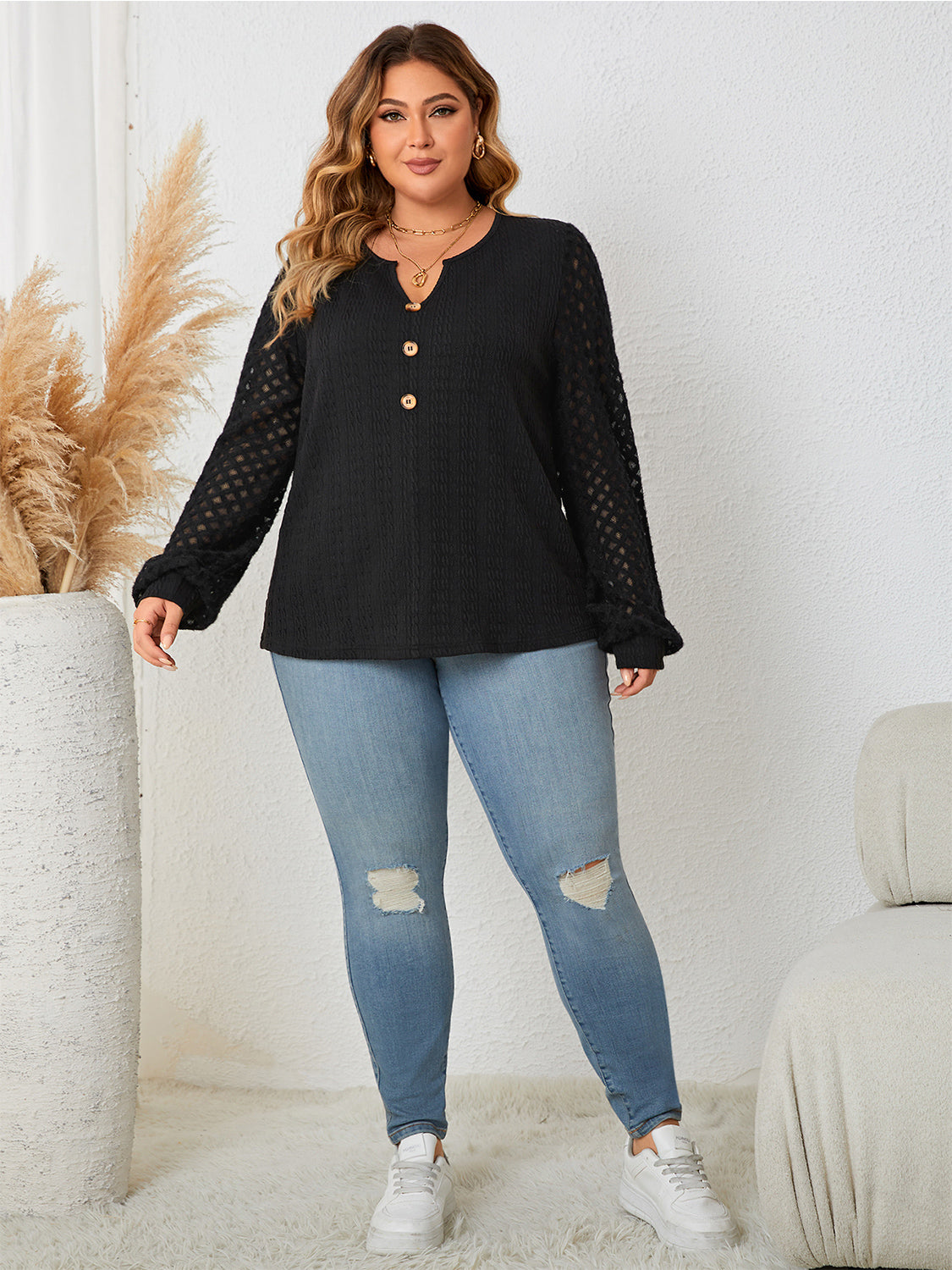 Women's Honey Plus Size Openwork Notched Button Front Blouse