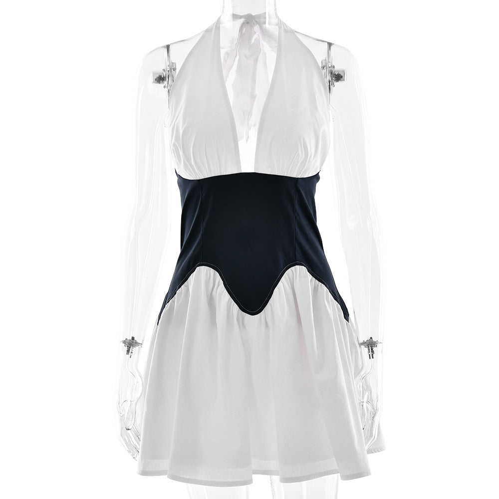 Women’s A-Line Spliced Dress Deep V Halter Waist Cinching