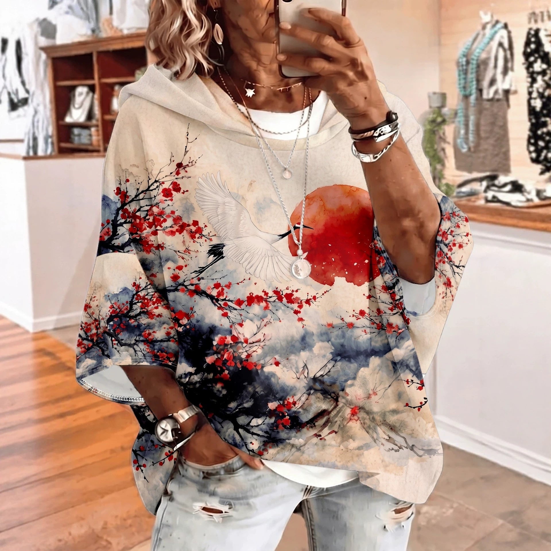 Women's Graphic Print Drawstring Hoodie – Three-Quarter Sleeves