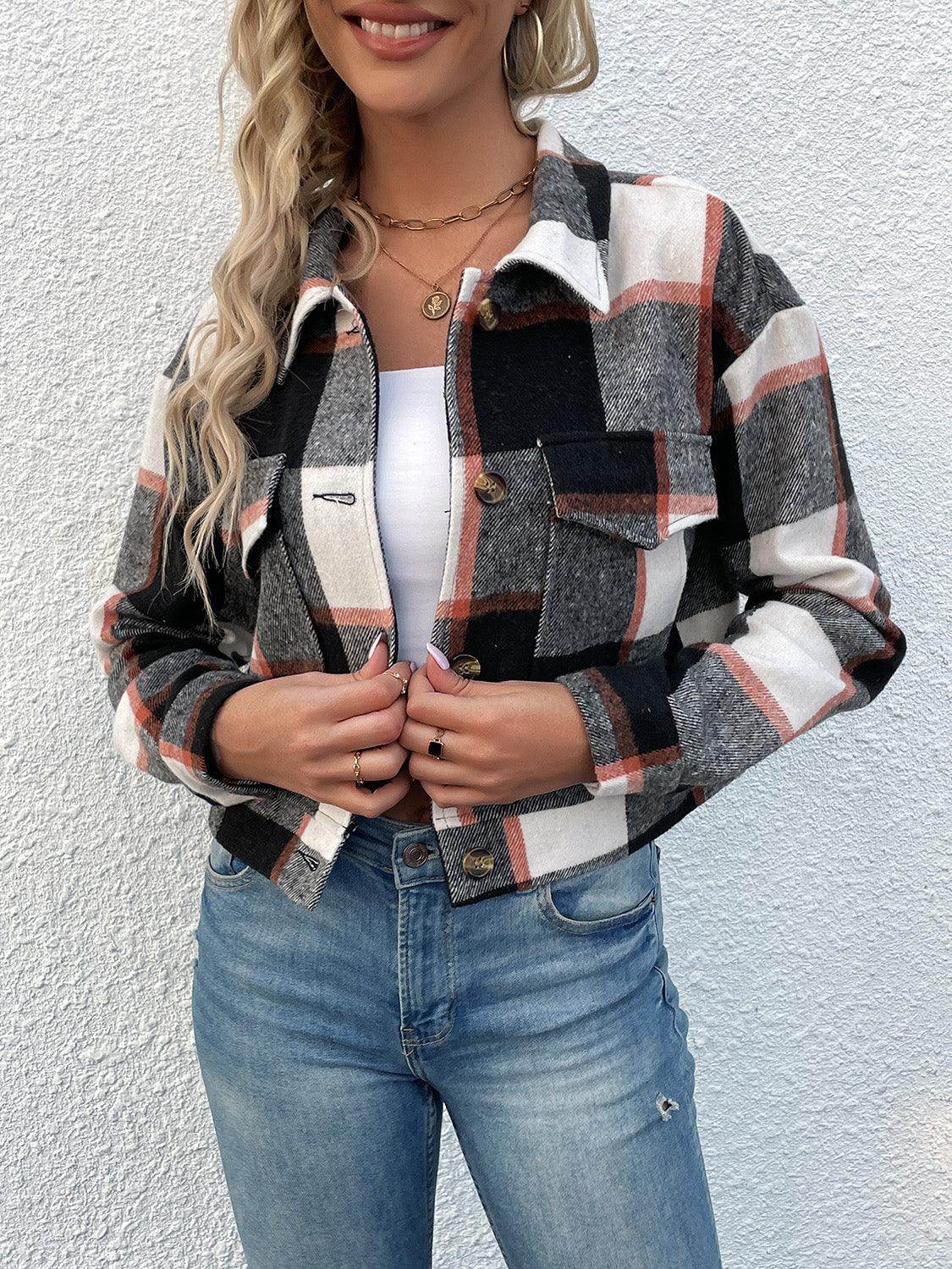Perfee Plaid Button Up Drop Shoulder Cropped Jacket for Women